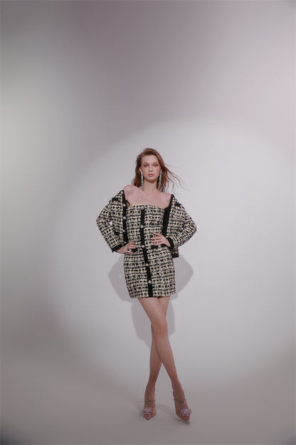 Wardrobes by Chen High End plaid twee Diamond Button Jacket mini dress- Kaya