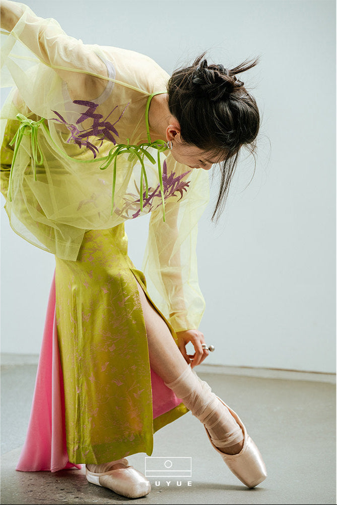 TUYUE Bamboo Leaf Embroidered Mesh Lace-up Top - SKYLA.