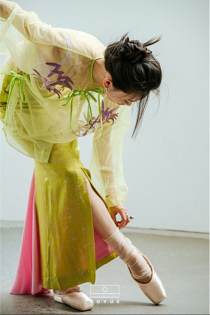 TUYUE Bamboo Leaf Embroidered Mesh Lace-up Top - SKYLA.