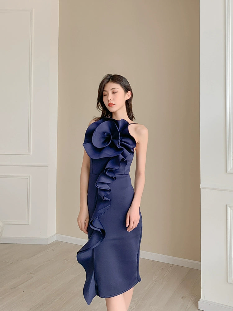 DOLLY Elegant French Style Sleeveless Ruffle Collar Slim Fit Midi Cocktail Dress-BANNIE