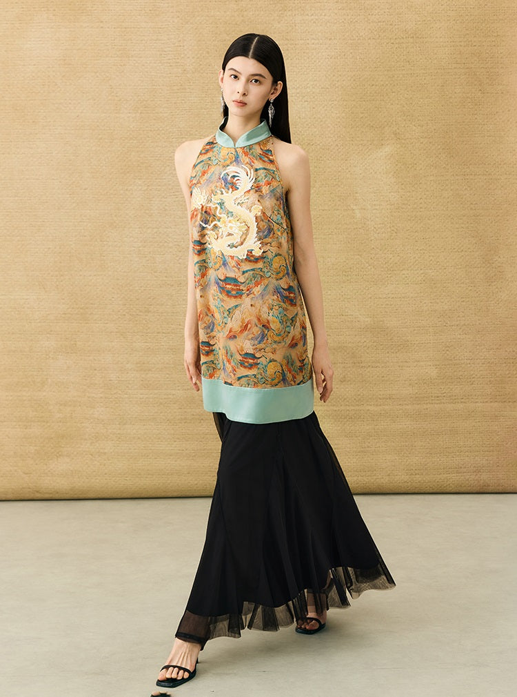 HECO Chinese Stand Collar Color-Blocked Golden Dragon Embroidery Dress - ZIPH