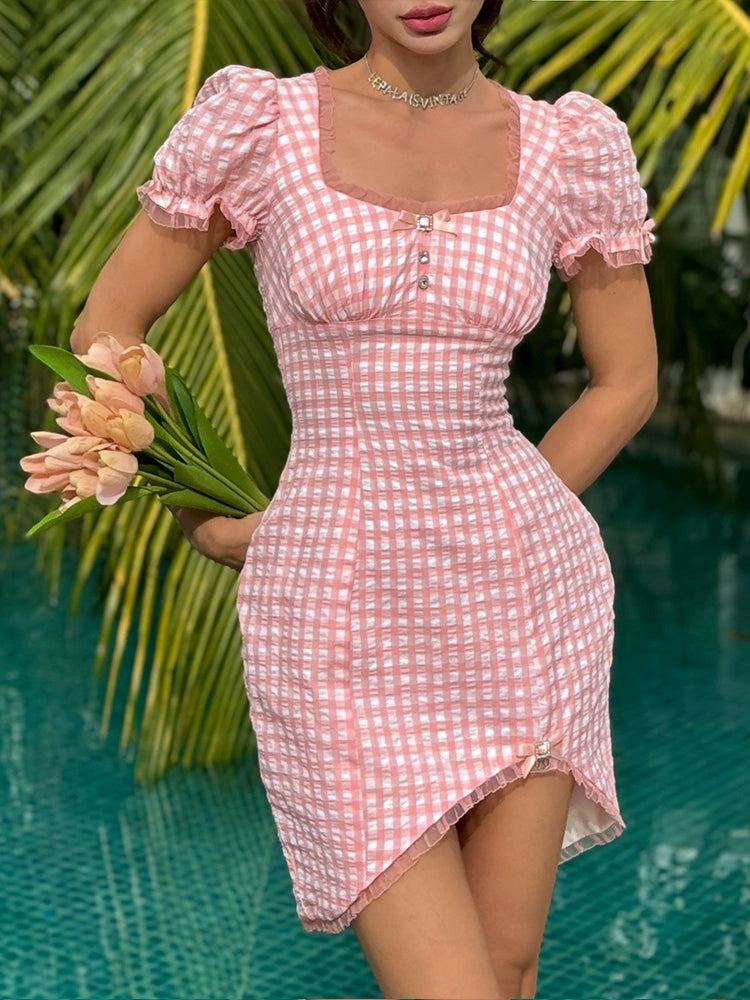 Le Palais Vintage Sweet Pink Padded Puff Sleeve Slim Fit Dress-HORIMIYA.