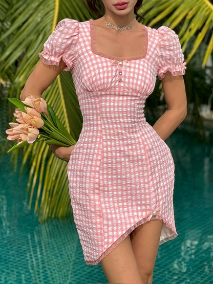 Le Palais Vintage Sweet Pink Padded Puff Sleeve Slim Fit Dress-HORIMIYA.
