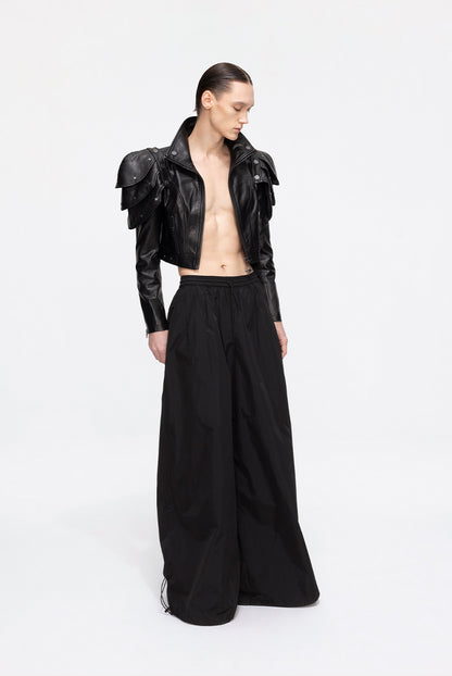 ANNAKIKI black deconstructed three-dimensional short leather jacket-AZUSA