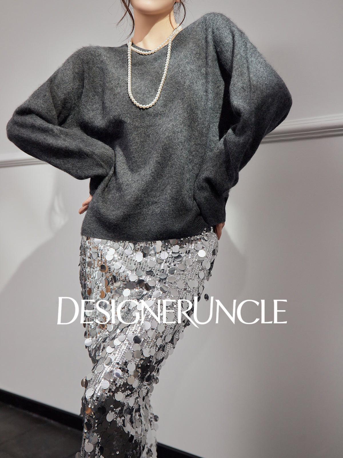 DGU "Goose Return" gray crew neck sweater loose and versatile slimming top - ALVADA.