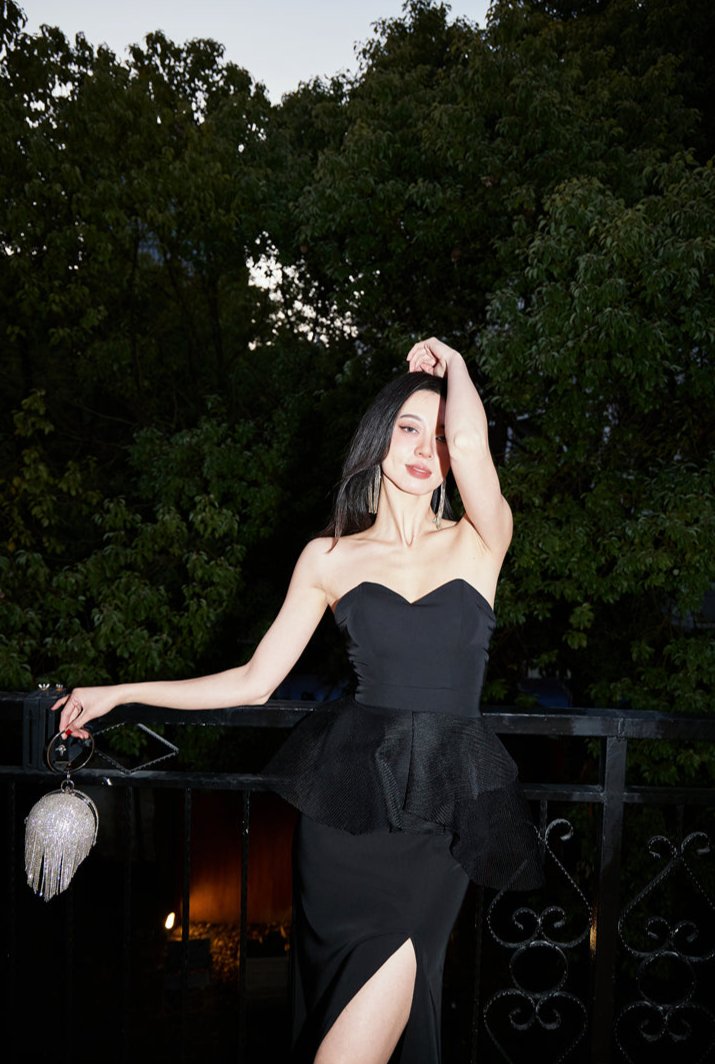 DOLLY Luxury Black Retro Chest Wrap Sleeveless Off Shoulder Long Dinner Dress-ALVINA