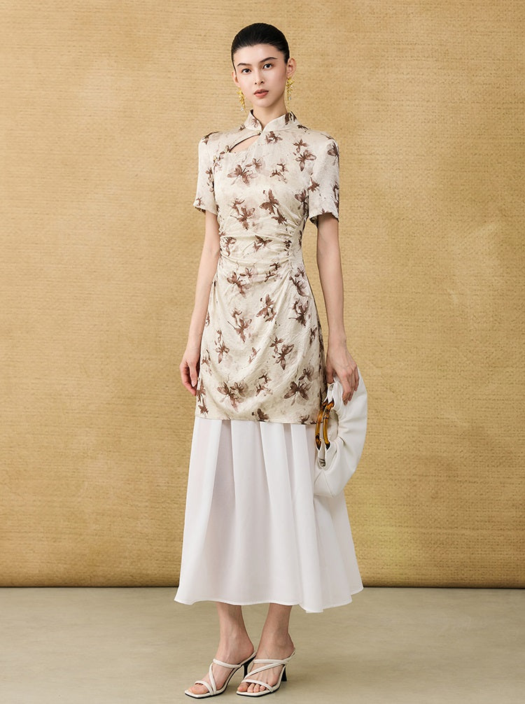 HECO Chinese Style Stand Collar Cut-out Pleated Short Cheongsam Dress - BIRD.