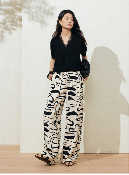 Sushe Neo-Bohemian Tencel linen print drawstring tie wide-leg slacks -JULIET