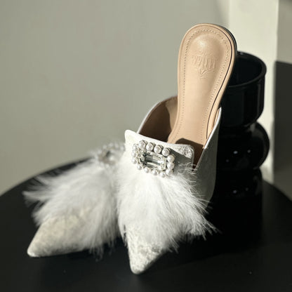 B-FEI rhinestone buckle flat pointed toe slippers for women-ROSS.