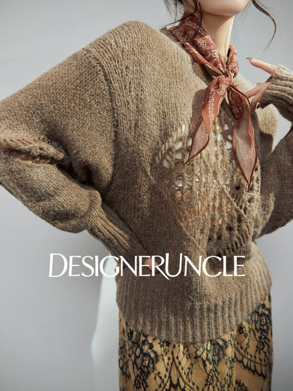 DGU| Light brown light luxury hollow design fashionable comfortable knitwear - Brianna.