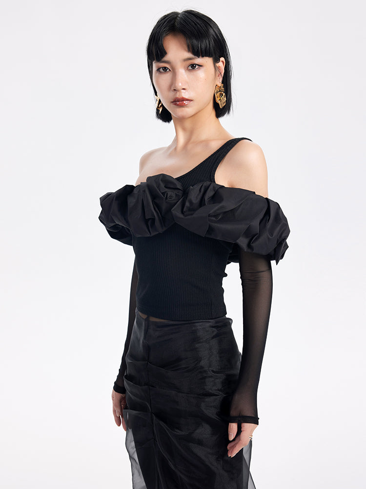 TINY IN  ruffle slanted shoulders cropped top with mesh sleeve -ZAN