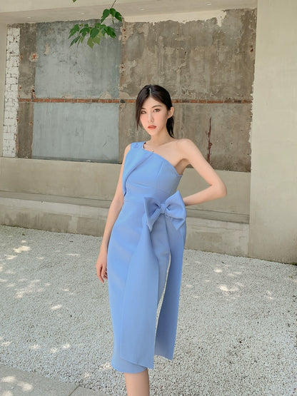 DOLLY Elegant French Style Slant Collar Sleeveless High Waist Midi Dress-QUINNE