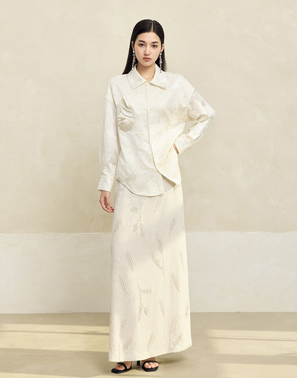 HECO Linen Pearl Leaf Bead Embroidery High Waist Long Skirt Women - JUDAH.