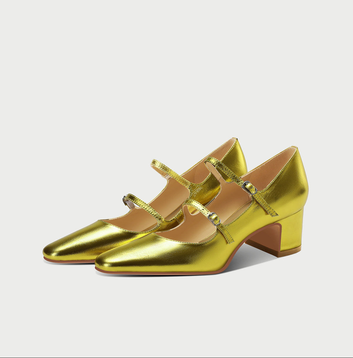 Pjjuu yellow gold double strap block heel MaryJane Pumps - Musa
