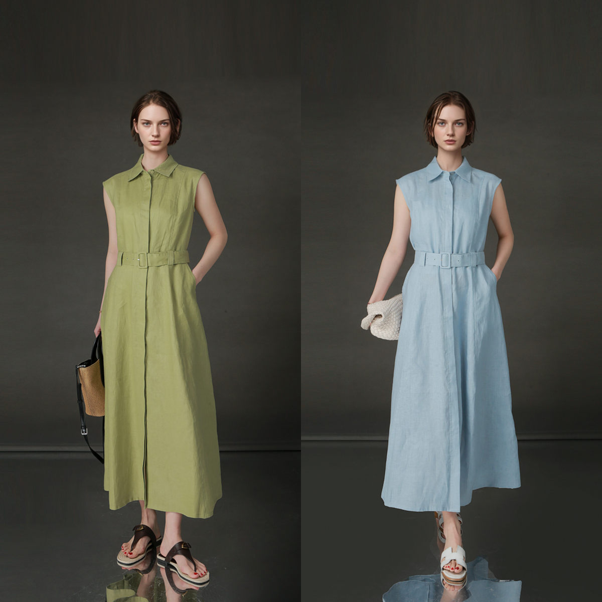 PIAOIN minimalist 100% linen sleeveless belted midi green pastel blue shirt dress -EVELYN.