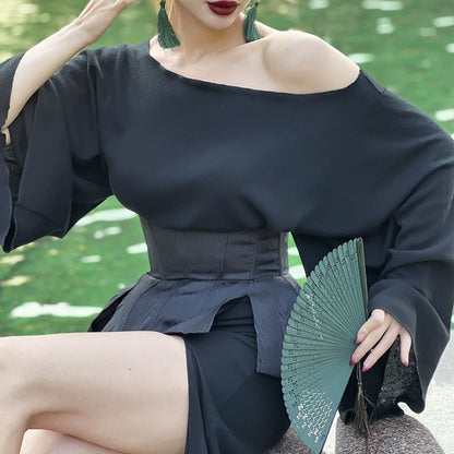 Le Palais Light Luxury Black Slim Knitted Long Skirt + Hourglass Fishbone Waist Seal-BAMBAM