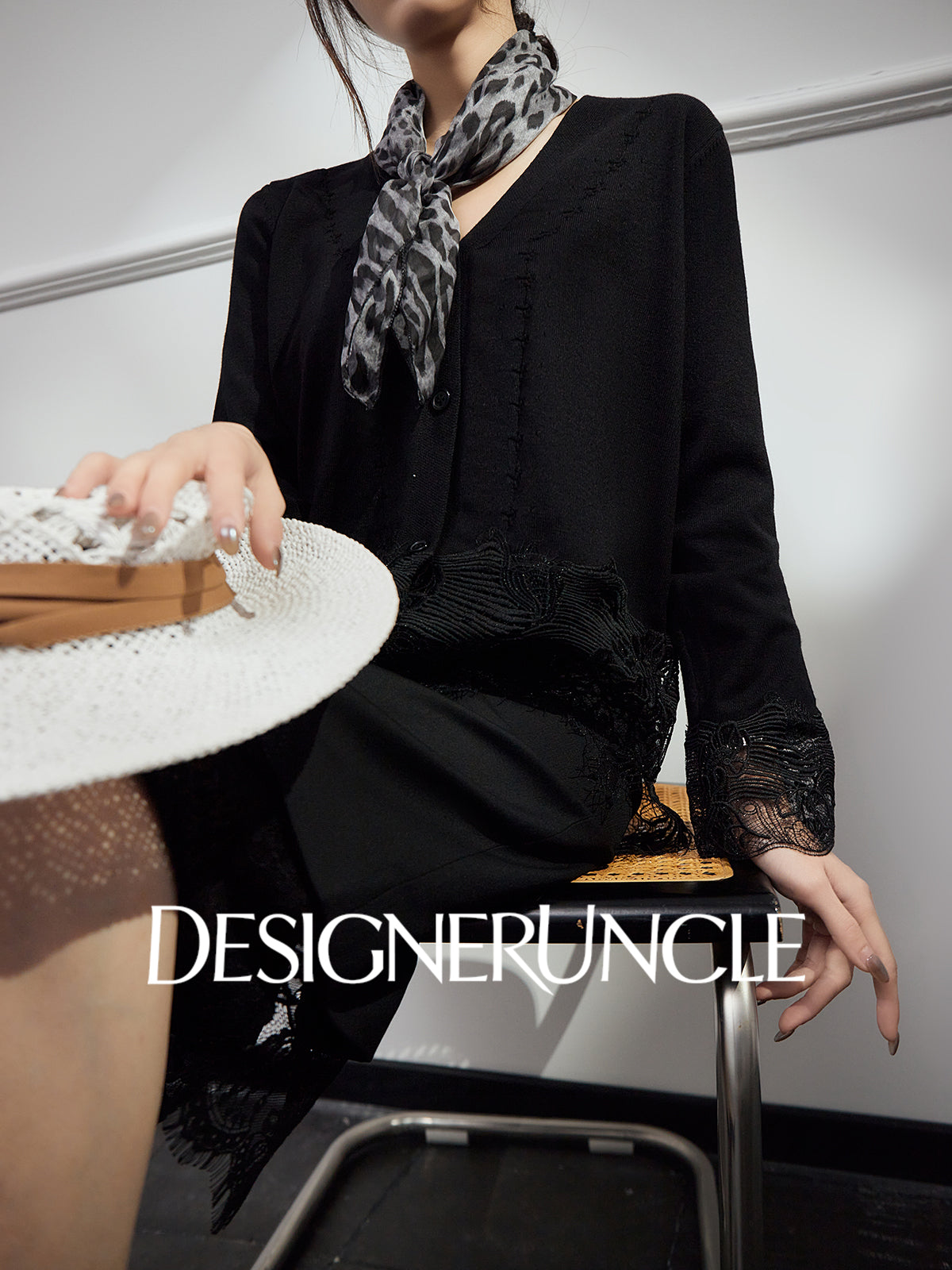 DGU Black Suit V-Neck Lace Patchwork Dress Knitted Top Two-Piece Set - FIRE.
