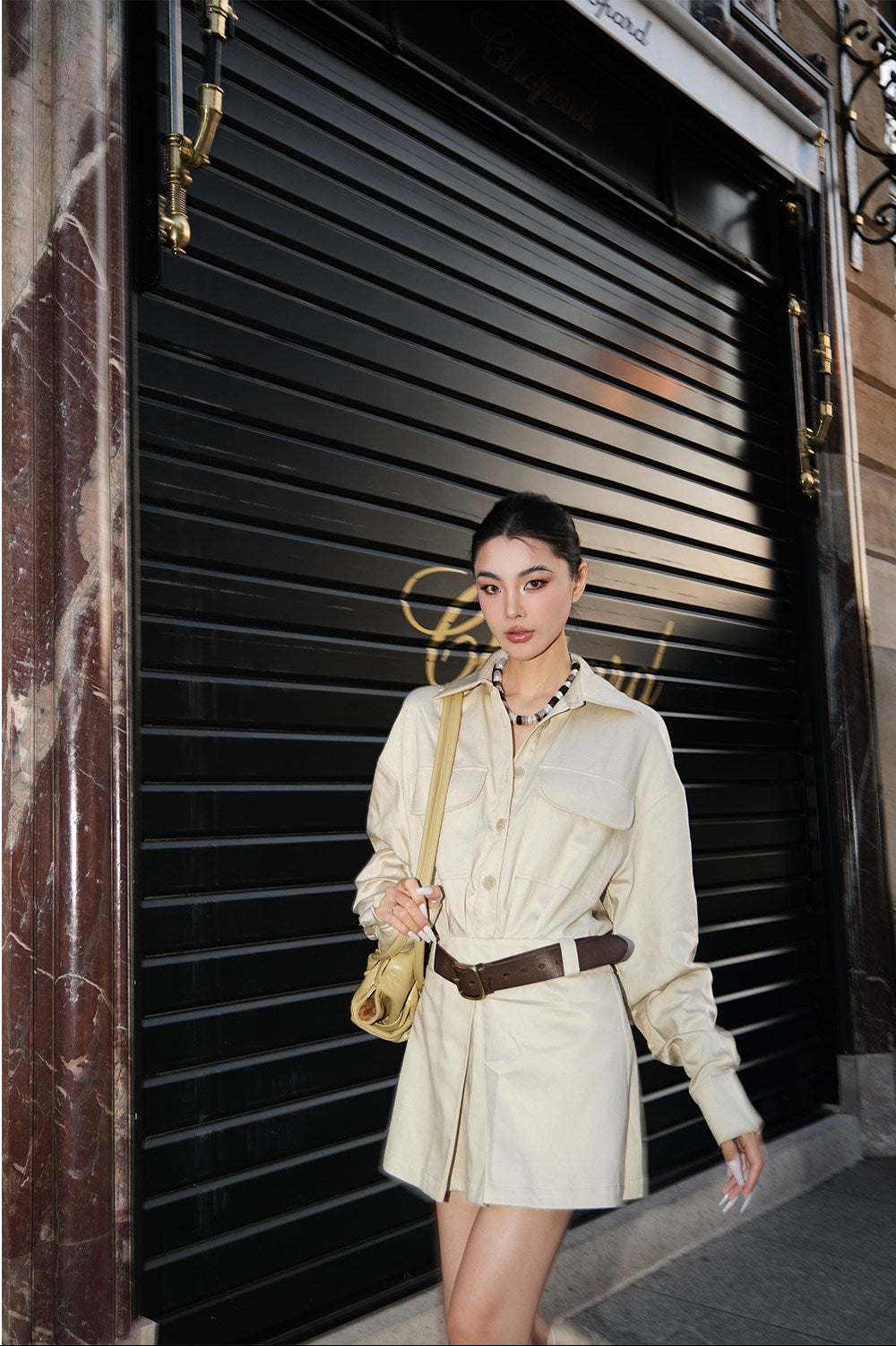 MEI SANGUAN Beige Long-sleeved Short Shirt Dress - BERRYL