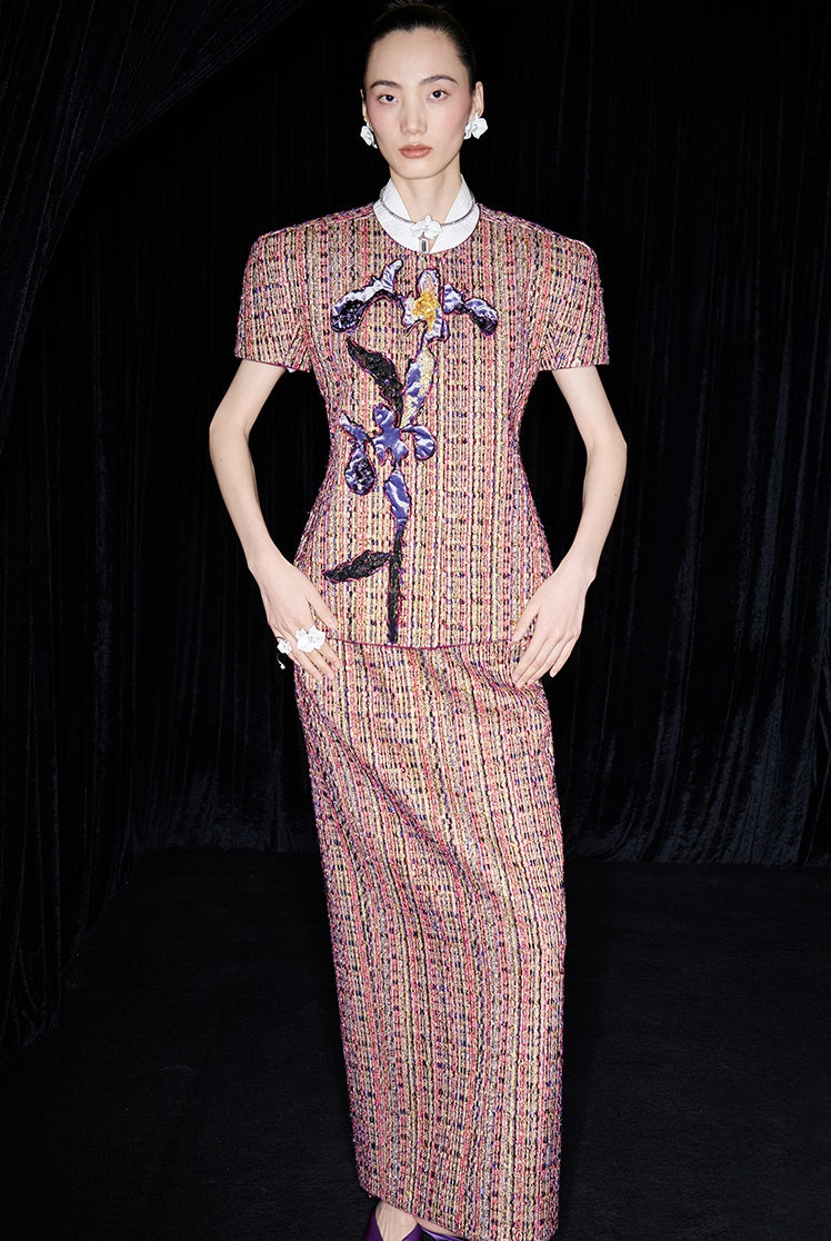 M essential Ma Kai designer kneaded gold coarse spinning iris stacked embroidery slim top - LIVING.