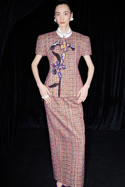 M essential Ma Kai designer kneaded gold coarse spinning iris stacked embroidery slim top - LIVING.