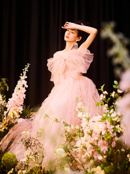 DOLLY Elegant Pink Sleeveless Big Bow Long Pleated Sequin Award Night Dress-CLEO  (V)