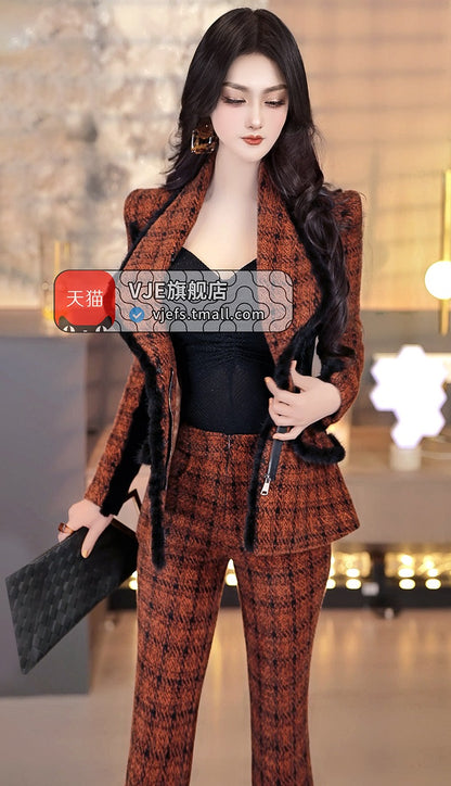 VJE Lapel Jacket Flared Pants Two-Piece Set Business Style Suit - MED.