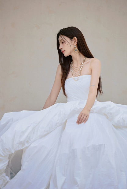 DOLLY Elegant White Tube Top Long Puffy High Waist Wedding Dress-GRACE  (V)