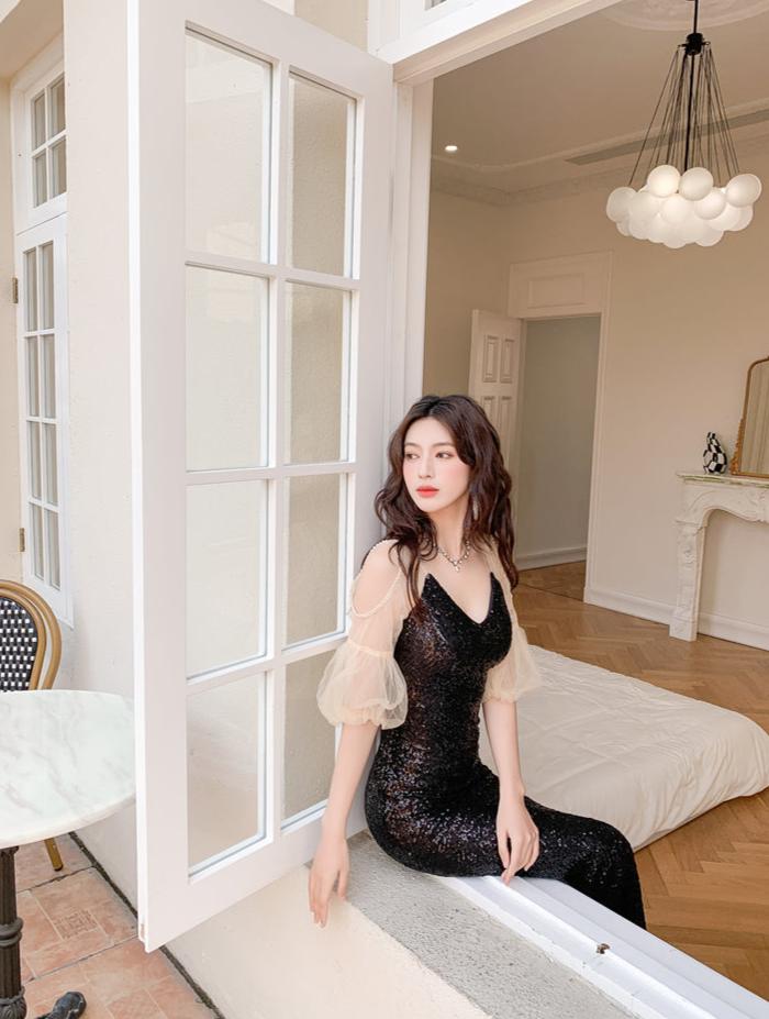 DOLLY Elegant Black Glitter Mesh Long Puff Sleeve Sequin Evening Dress-NUNU