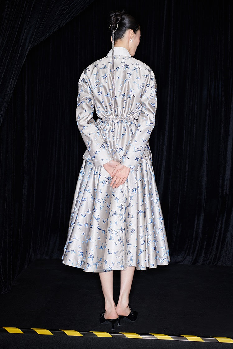 M essential Mackay designer butterfly dance jacquard blue vine and butterfly coat - WEST.