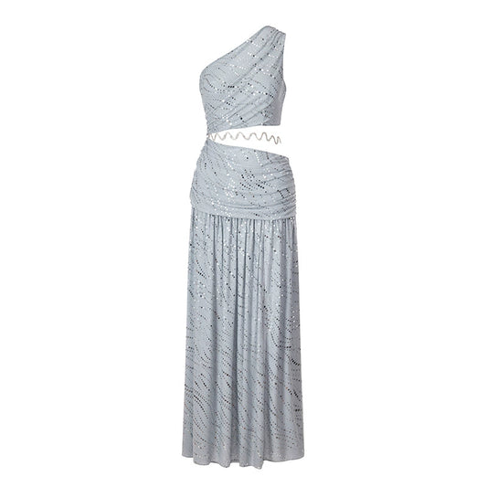 Wardrobes by Chen Luxury Haze Blue Sleeveless Full Diamond Shoulder Dress-CARA