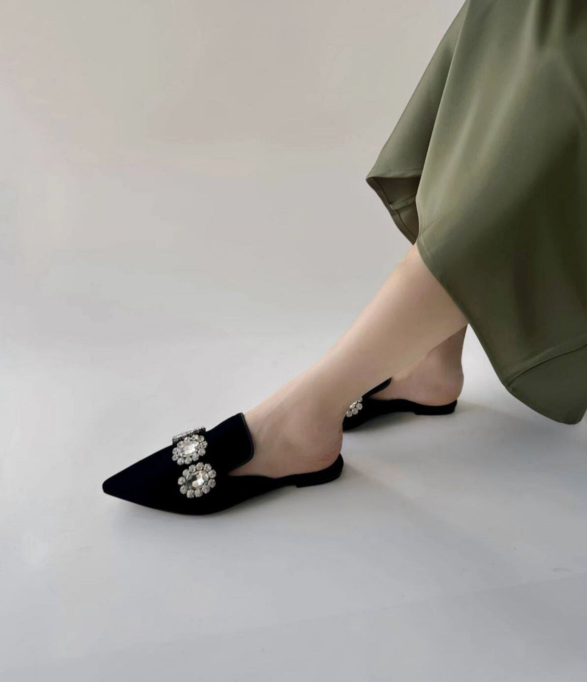 B-FEI custom pointed rhinestone flat mules.