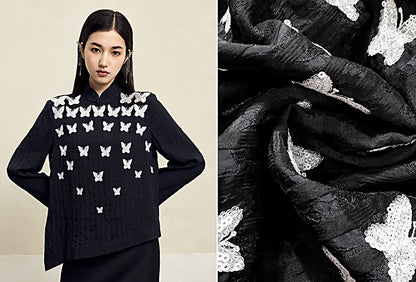 HECO Butterfly Beads Embroidered Stand-Up Collar black white T-Shirt - WORDS.