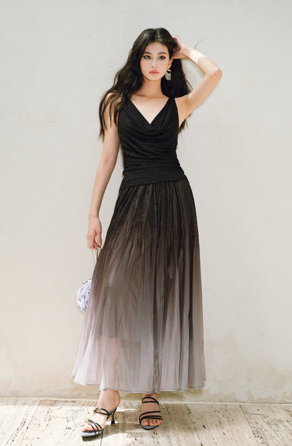 WANGXO |High-Waisted Umbrella Hem Romantic Skirt with Luxe Shimmer-LINA
