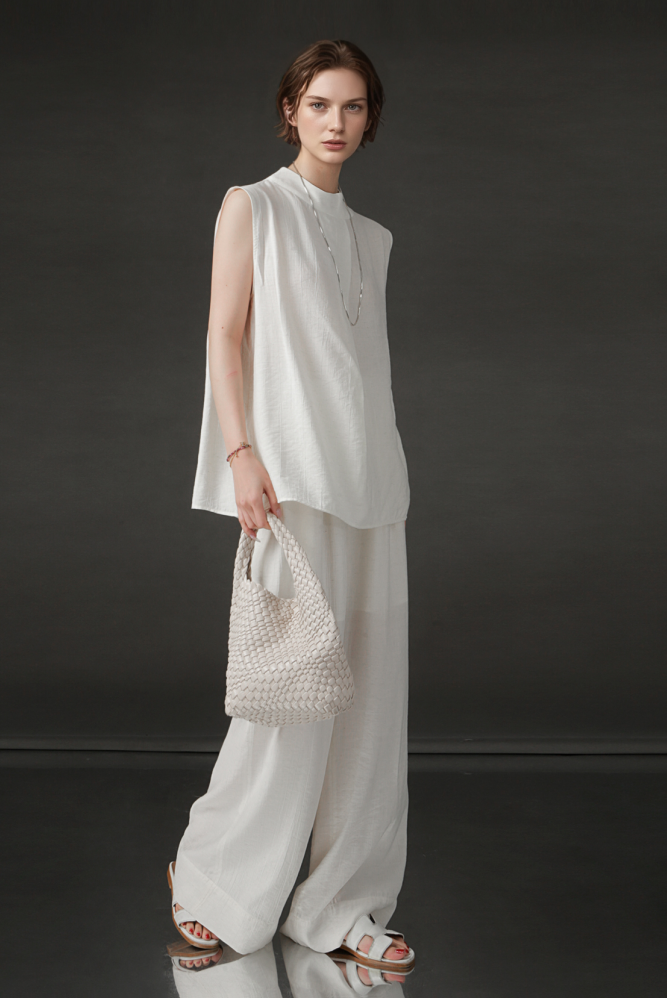 PIAOIN texture linen silk stand up collar sleeveless t-shirt women's straight pants - ARIA