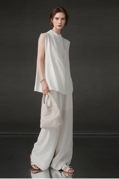 PIAOIN texture linen silk stand up collar sleeveless t-shirt women's straight pants - ARIA