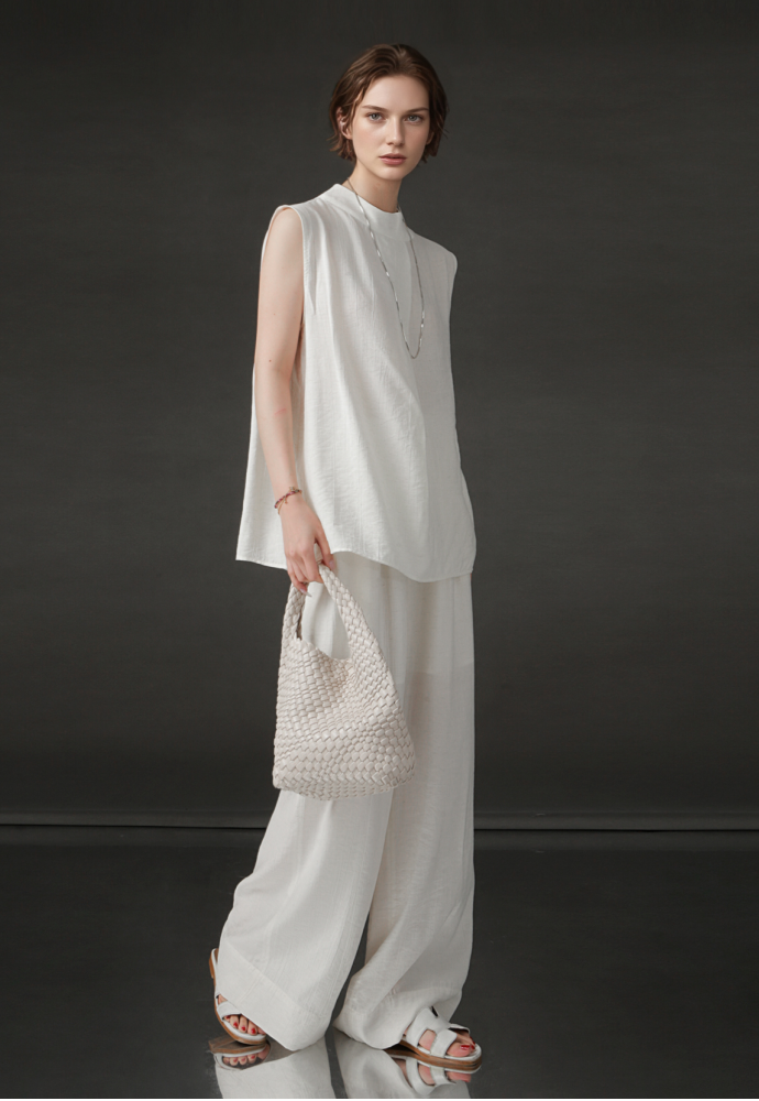PIAOIN texture linen silk stand up collar sleeveless t-shirt - MADEI