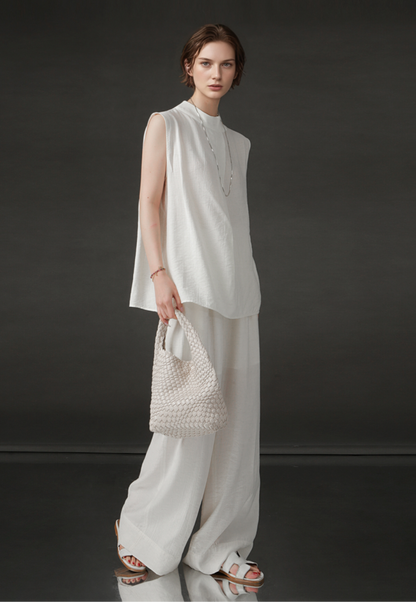 PIAOIN texture linen silk stand up collar sleeveless t-shirt - MADEI