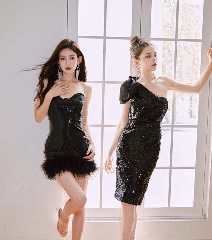 DOLLY Elegant Black Sleeveless Bow One Shoulder Slim Fit Short Dinner Date Dress-LUISA