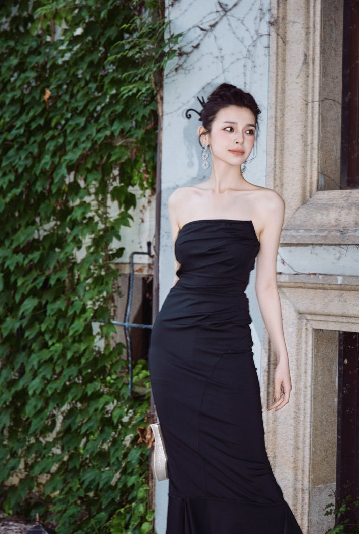 DOLLY Luxury Black Retro Chest Wrap Sleeveless Pleated Slim Fit Mermaid Dinner Dress-IVORY