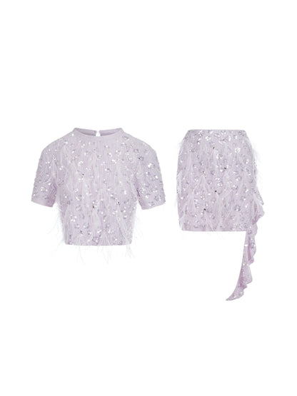 Wardrobes by Chen Elegant Short Sleeve Diamond Feather Top/Short Skirt- Milo