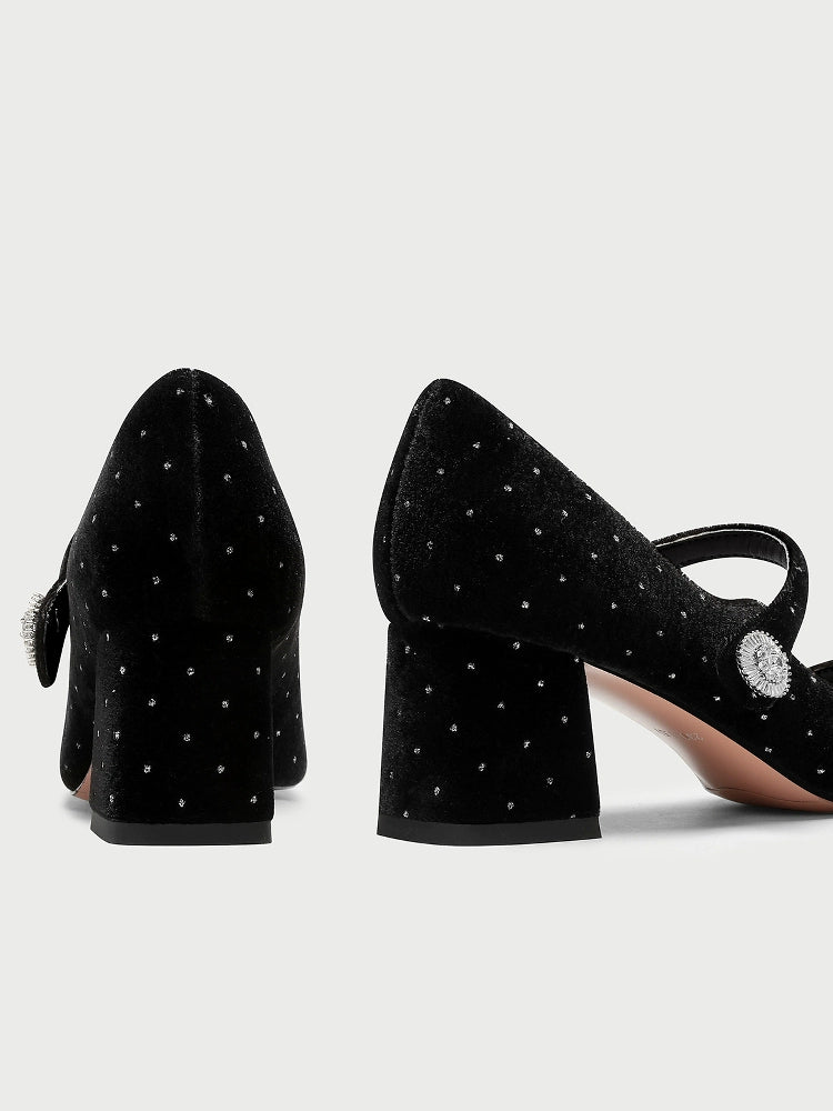 pjjuu Block heel strap black white polka Mary Jane pums - Goika