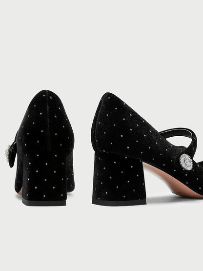 pjjuu Block heel strap black white polka Mary Jane pums - Goika