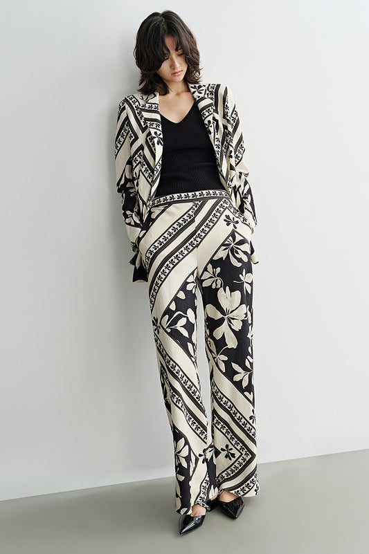 COMME MOI Lv Yan designer summer  black and white printed tassel straight-leg pants - KAIN.