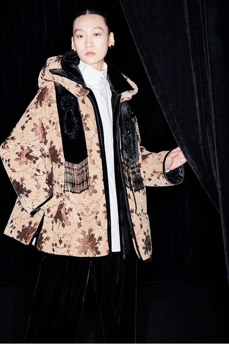 M essential Mackay drop-off jacquard crochet-embroidered hooded puffer jacket - all apere.