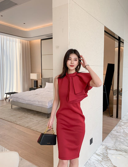 DOLLY High End Retro Style Sleeveless Ruffle Slim Fit Midi Church Dress-RAIN