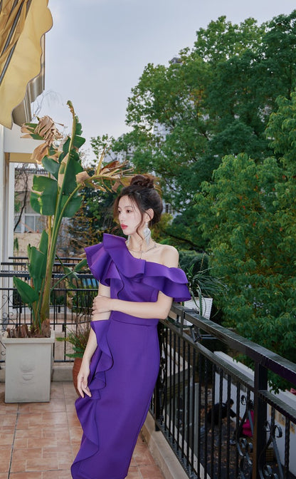 DOLLY Elegant Purple Ruffled Off Shoulder High Waist Midi Ruffle Dress-AKARI