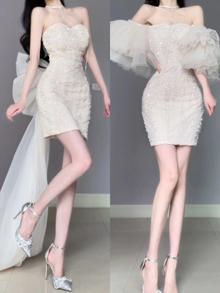 DOLLY Elegant White Flower Off Shoulder Short Puff Sleeves Short Dinner Dress-OTHELLA