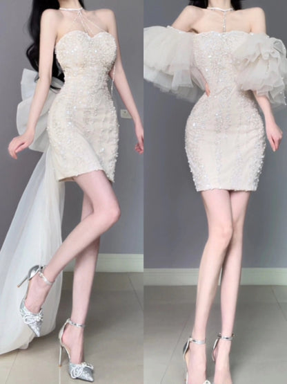 DOLLY Elegant White Flower Off Shoulder Short Puff Sleeves Short Dinner Dress-OTHELLA