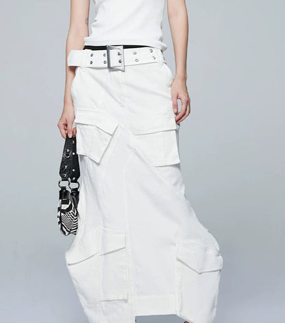 ANNAKIKI white geometric irregular split cargo skirt-MIKASA
