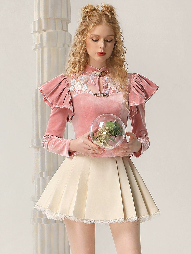 CHECOCRE Classy Winter Palace Style Retro Sequin Stitching Pink Peplum Top - SARAH.